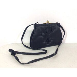 Vanessa Satin Black Evening Bag Sequin Detail Kiss lock